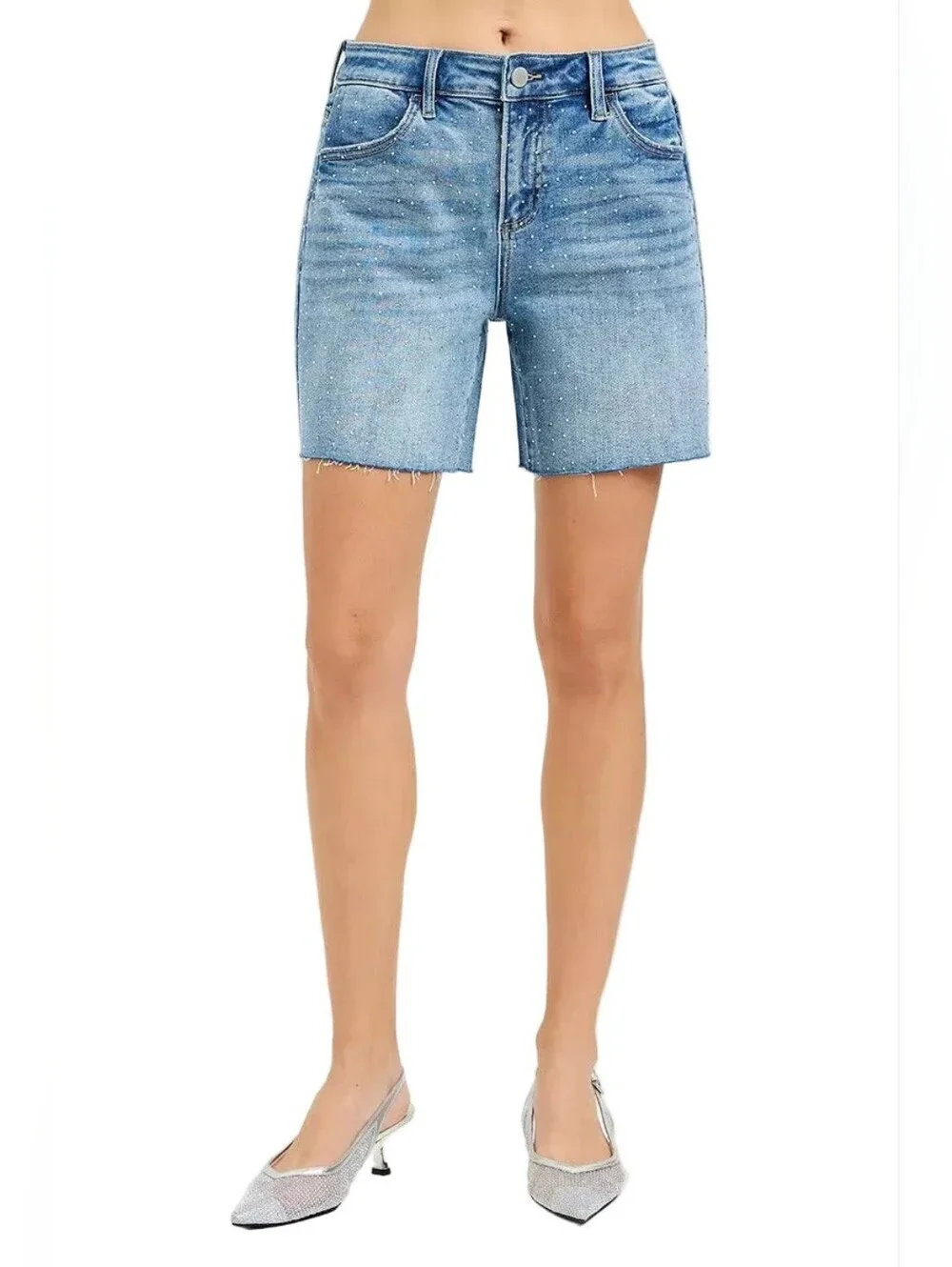 Risen Rhinestone Speckled Baggy Raw Hem Mid Length Weekend Sparkle Denim Shorts